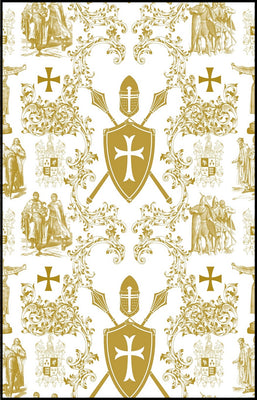 Empire héraldique Croix Ordre des Templiers tissu toile de Jouy au mètre rideau couette coussin décoration haute couture sur mesure. Textile linge de maison vert or intérieur salon, literie chambre, cuisine. Ignifuge pour décorateur architecte tapissier. Occultant, voilage, soie, lin, velours, tapisserie boutique.