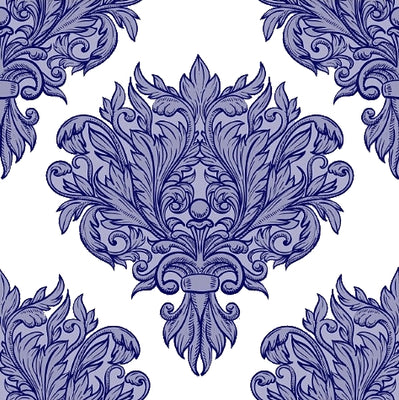 Tissu ameublement décoration Empire Damask Baroque au mètre bleu blanc