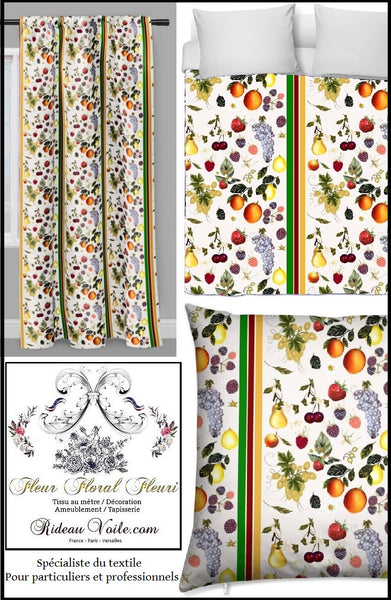 Rideauvoile Tissu tablier et déco ameublement mètre motif imprimé coton été fruits légumes du jardin potager rideau couette rideaux . Décorateur architecte agencement tissu tapisserie illustration fruit légume salon, chambre, cuisine ignifugé, occultant, voilage transparent, velours.