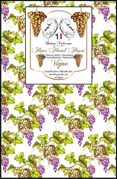 Rideauvoile boutique équipement oenologie domaine agricole Motif tissu ameublement fleur feuille de vigne grappe de raisins rideau coussin couette tissu imprimé au mètre. Décoration tapisserie siège d'intérieure. Ignifugé, occultant, voilage domaine agricole haut gamme Paris Versailles.