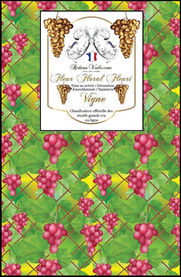 Motif tissu fleur de vigne grappe de raisin rouge feuilles vertes  rideau coussin couette tissu imprimé au mètre. Décoration tapisserie siège d'intérieure salon, chambre, cuisine. Ignifuge, occultant, voilage en ligne France haut gamme luxe Paris Versailles.
