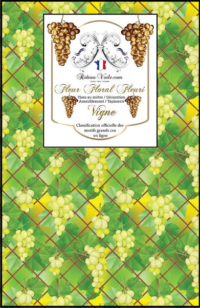 Motif tissu fleur de vigne grappe de raisin rideau coussin couette tissu imprimé au mètre. Décoration tapisserie siège d'intérieure salon, chambre, cuisine. Ignifuge, occultant, voilage en ligne France haut gamme luxe Paris Versailles.