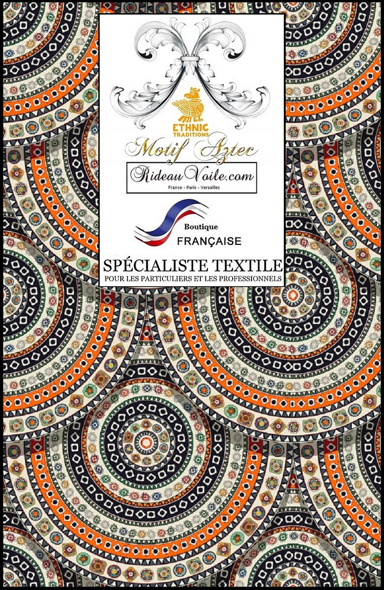 Tissu D'ameublement Floral Aztèque Espagnol - Largeur 140cm, Coton/polyester, Bleu Indigo/rouge/blanc