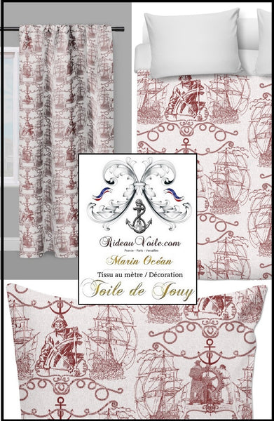 Tissu ameublement Toile de Jouy motif Marin au mètre rouge