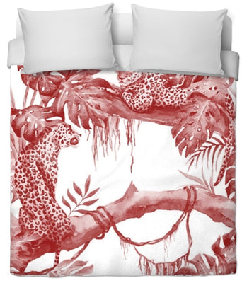 Toile de Jouy Jungle tissu au mètre tapisserie rideau couette motif sauvage rouge