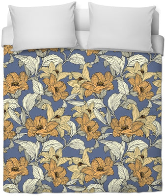 Motif floral fleur écru jaune orange rideau coussin couette tissu imprimé au mètre bleu