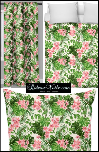 Tissu au mètre exotique tropical feuilles vertes fleur rose rideau couette coussin