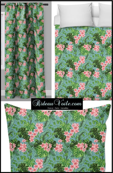 Tissu au mètre bleu déco tapisserie exotique tropical feuilles vertes fleur rose