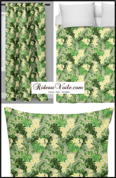 Ambiance motif exotique tissu fleuri feuille décoration tapisserie rideau siège