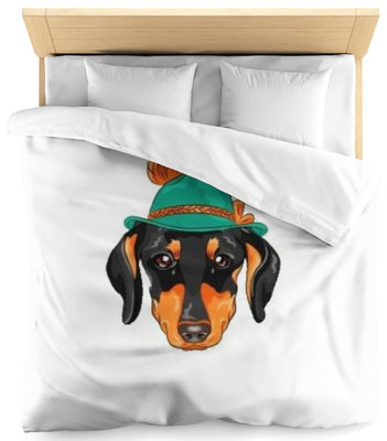 Motif chien TECKEL avec chapeau vert motif tissu imprimé rideau couette coussin