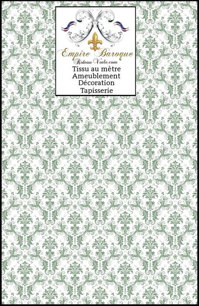 Tissu Damas ameublement Baroque jacquard vert coton occultant mètre rideaux sur mesure tapisserie fauteuil motif Damassé confection coussin, plaid, couette. French fabric upholstery meter curtain tapestry Barock Vorhang stoff  barok gardin stof barokk függöny szövet tessuto tende barocco barockt Rido Stoff