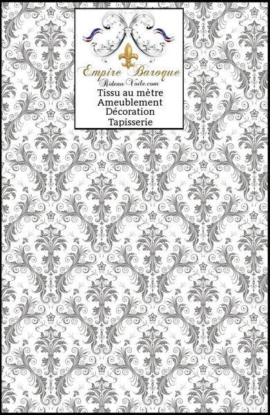Tissu Damas ameublement Baroque jacquard gris coton occultant mètre rideaux sur mesure tapisserie fauteuil motif Damassé confection coussin, plaid, couette. French fabric upholstery meter curtain tapestry Barock Vorhang stoff  barok gardin stof barokk függöny szövet tessuto tende barocco barockt Rido Stoff.
