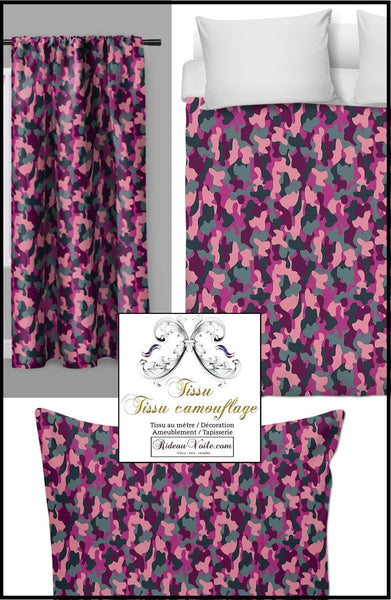 Tissu ameublement mètre déco motif camouflage rose couette rideau voilage