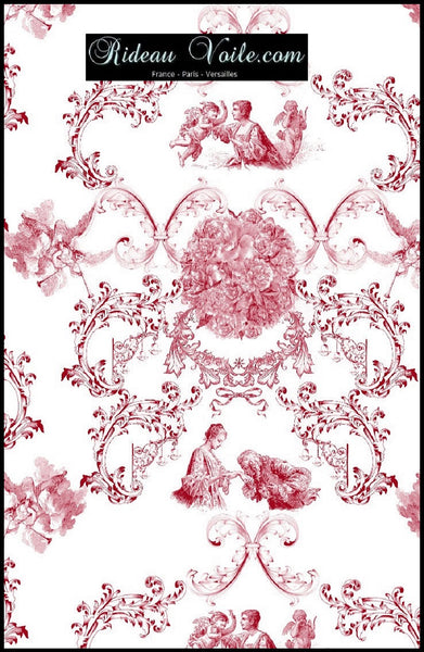 Tissu ameublement Toile de Jouy rouge au mètre rideau voilage tapisserie siège