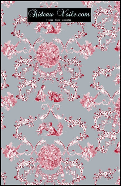Tissu ameublement Toile de Jouy gris rouge au mètre rideau voilage tapisserie siège. Boutique éditeur Toile de Jouy haut gamme Tissu ameublement au mètre rideau voilage tapisserie motif Empire. Möbelstoff vorhänge ignifugé occultant. Blumenmuster stoff. French fabric flower curtain drapes upholstery. Tela cortina. verhokangas. Tessuto per tende. Rido Stoff Riddoen.