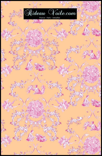 Tissu ameublement Toile de Jouy rose orange au mètre rideau voilage tapisserie siège. Boutique Empire Achat de rideaux motif toile de Jouy sur mesure décoration d’intérieure. Tissu ameublement haut gamme au mètre ignifugé, occultant, voilage, rideau, coussin, couette. French fabric flower curtain drapes upholstery. Tela cortina. verhokangas. Tessuto per tende. Rido Stoff Riddoen.