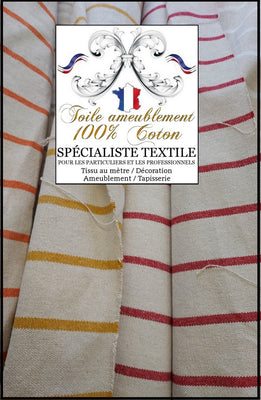 Toile coton matelas rayures rouge bleu blanc orange tissu ligne mètre rideau