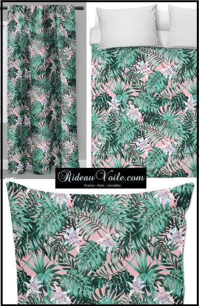 Tissu ameublement décoration style plantes exotique tropical bleu rose au mètre rideau