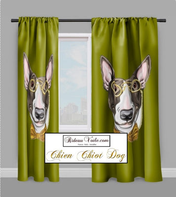 Rideau couette motif Chien Bull-terrier tissu vert mètre Dog curtain fabrics drapes duvet cover