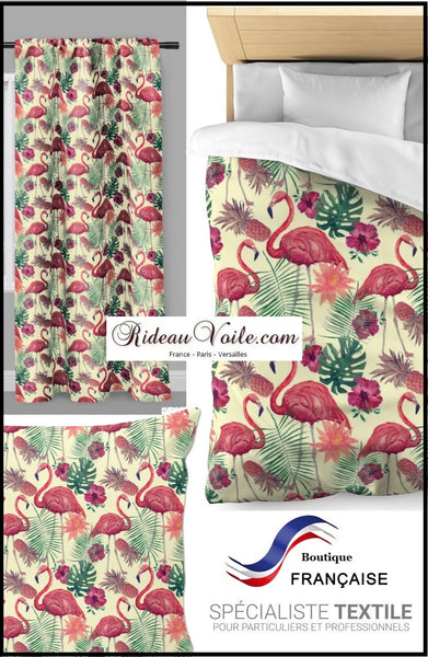 Boutique tissu ameublement ignifugé, occultant, voilage, velours, pour décoration design Tropical Exotique imprimé animal flamant rose sur rideau, house de couette, coussin, sur mesure Textile haut gamme couture d'éditeur ameublement tapisserie siège fauteuil.